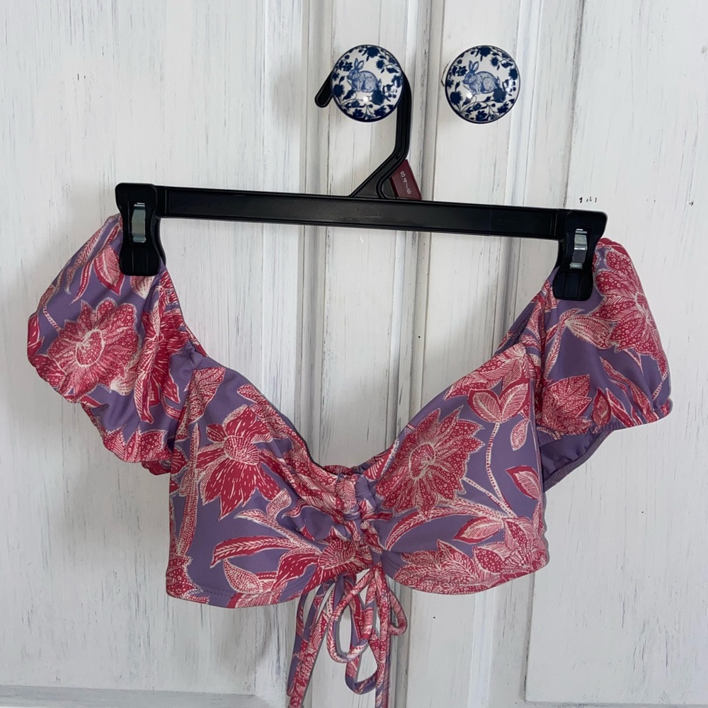Time and Tru Purple Floral puff sleeve bikini